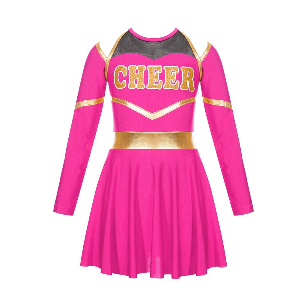 Girl Cheerleading Costumes Dance Uniform Long Sleeves Dance Dress with Hand Flowers Headwear Striped Socks for Stage Performance
