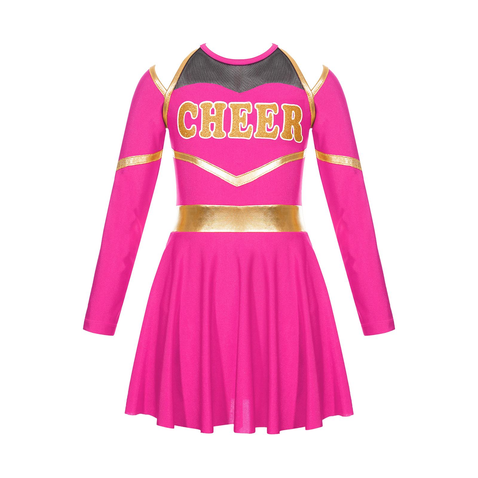

Girl Cheerleading Costumes Dance Uniform Long Sleeves Dance Dress with Hand Flowers Headwear Striped Socks for Stage Performance 6