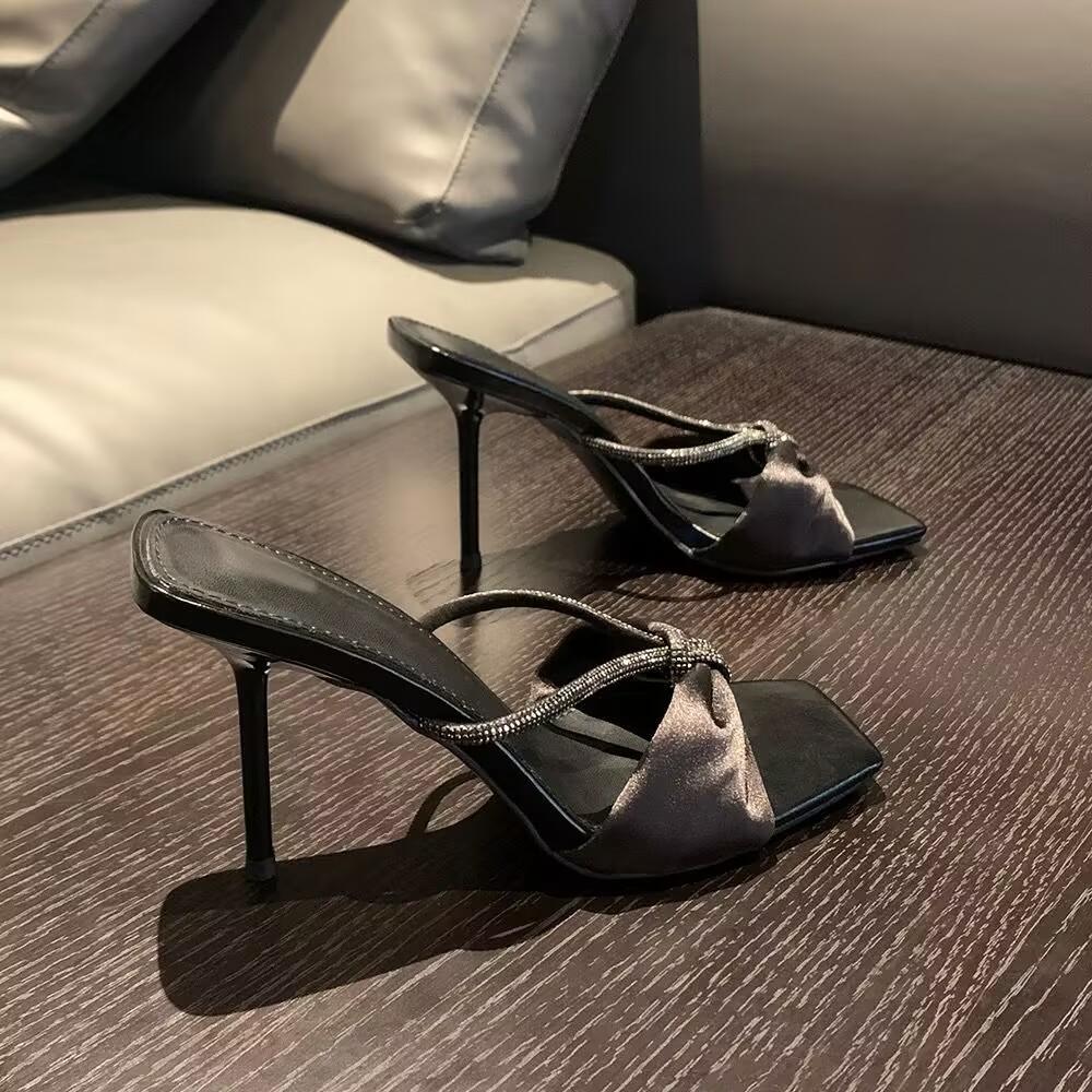 Sandali Estivi con Tacco a Spillo Moda Donna Punta Quadrata Bocca Bassa Punta Aperta Set di Cristalli Slip-on Antiscivolo Indossare Pantofole