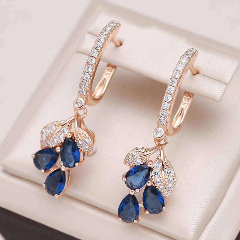 Kienl New  Rose Gold Color Long Earring For Women Vintage Blue Natural Zircon Flower Drop Earring High Quality Daily Jewelry