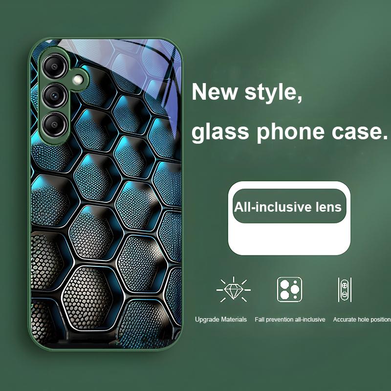 Blue Gradient Grid For Samsung Galaxy A01 02 03 Core A04 A14 4G A13 54 34 31 20 25 23 22 5G S21 Ultra S20 Glass Phone Case