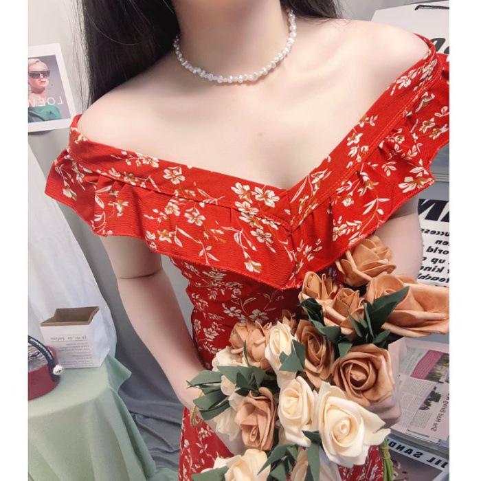 Red Floral Ruffled V-neck Off-shoulder Bodycon A-line Long Dress - Goddess Style L