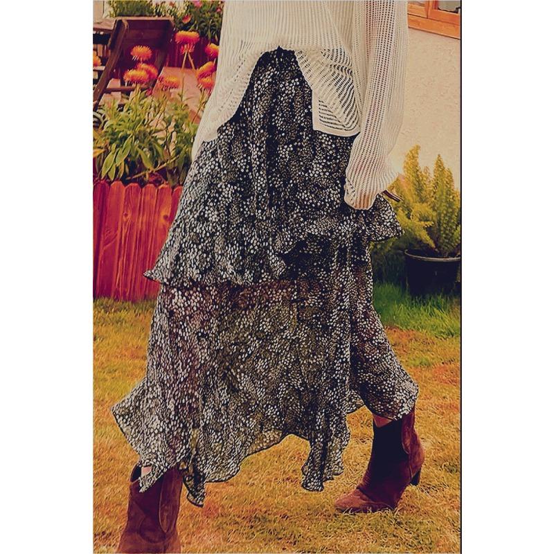 High Waist Summer Floral Chiffon  Skirt with Side Split and Ruffles