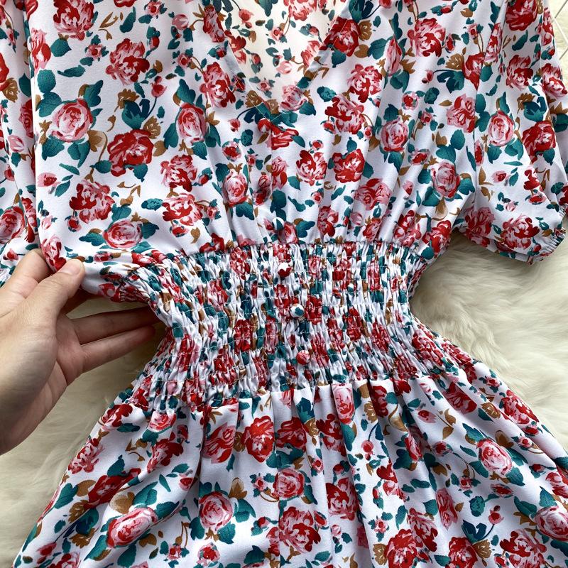 Women Summer Spring Short Sleeve Flower Print V-neck Casual A-Line Ankle-Length High Waist Dress