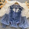 Women Party Shirt Flower Applique See-through Mesh Lantern Sleeve Thin Lace Shirring Elastic Cuff Round
