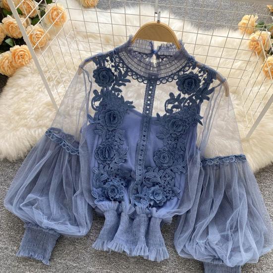 Women Party Shirt Flower Applique See-through Mesh Lantern Sleeve Thin Lace Shirring Elastic Cuff Round