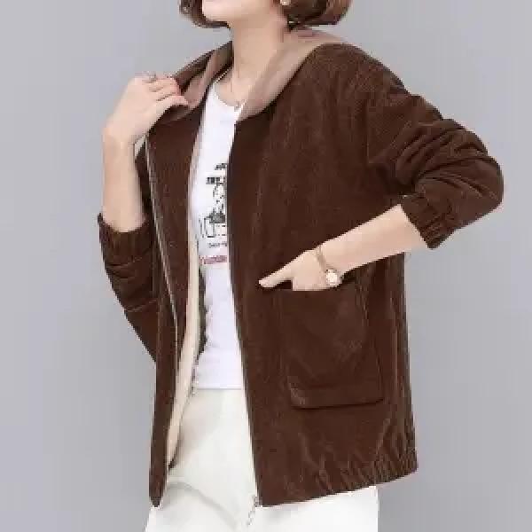 Women's Corduroy Jacket Winter Spring Autumn Plus-size Loose Fleece Hooded Jacket Short