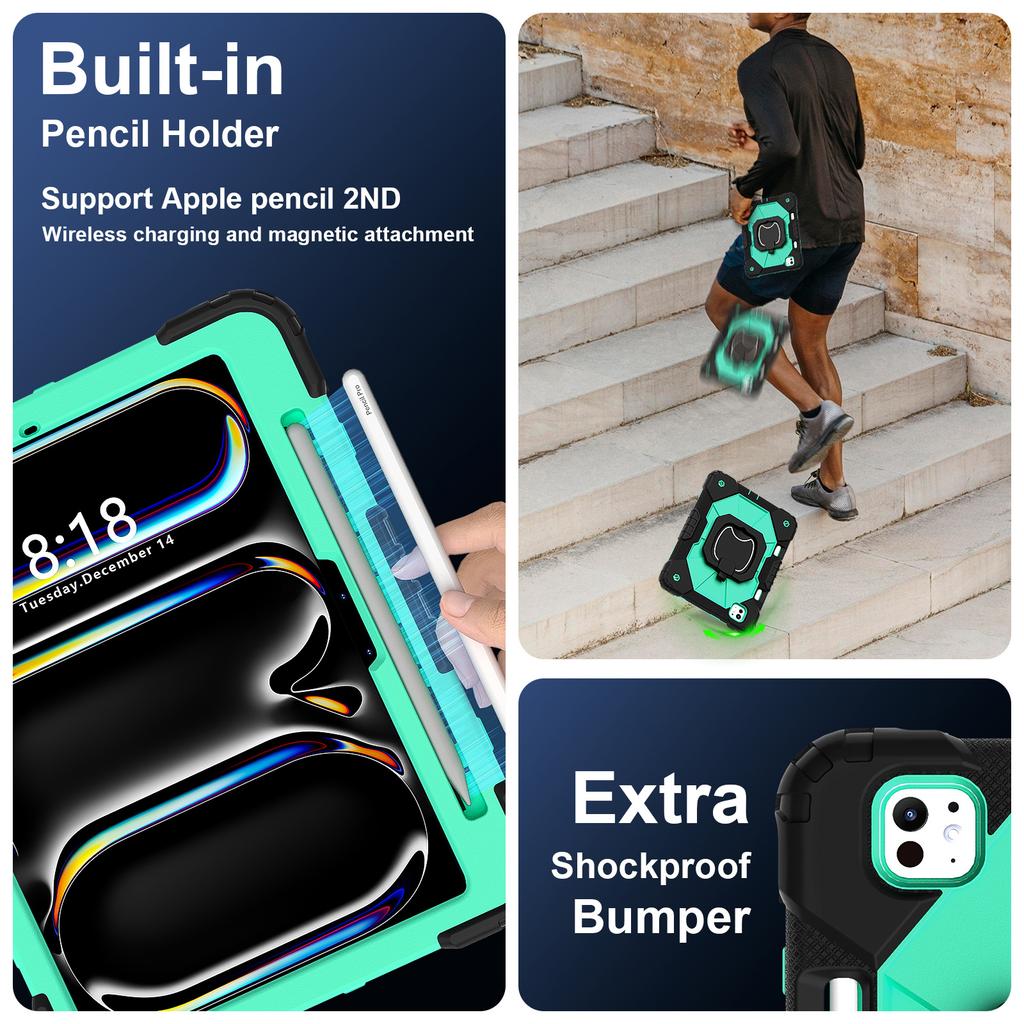 For iPad Pro 11 (2025)/11 (2024) Kickstand Case Silicone+PC Tablet Cover with Shoulder Strap