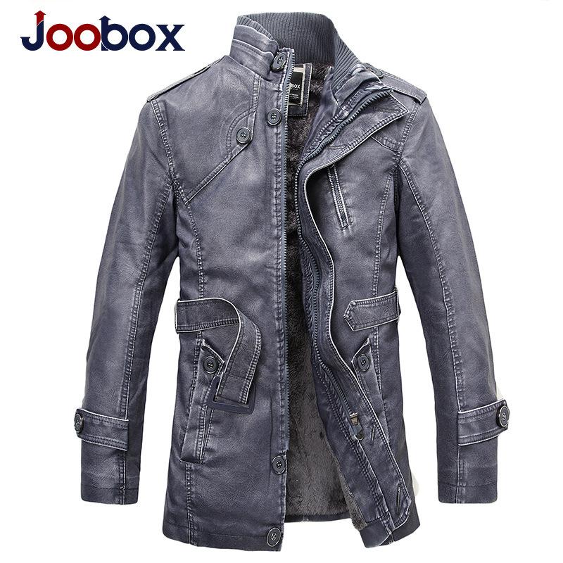 JOOBOX Men's Men's Leather Jacket Slim Stand Collar Mid-Length Washed Motorcycle Leather and Velvet Windbreaker