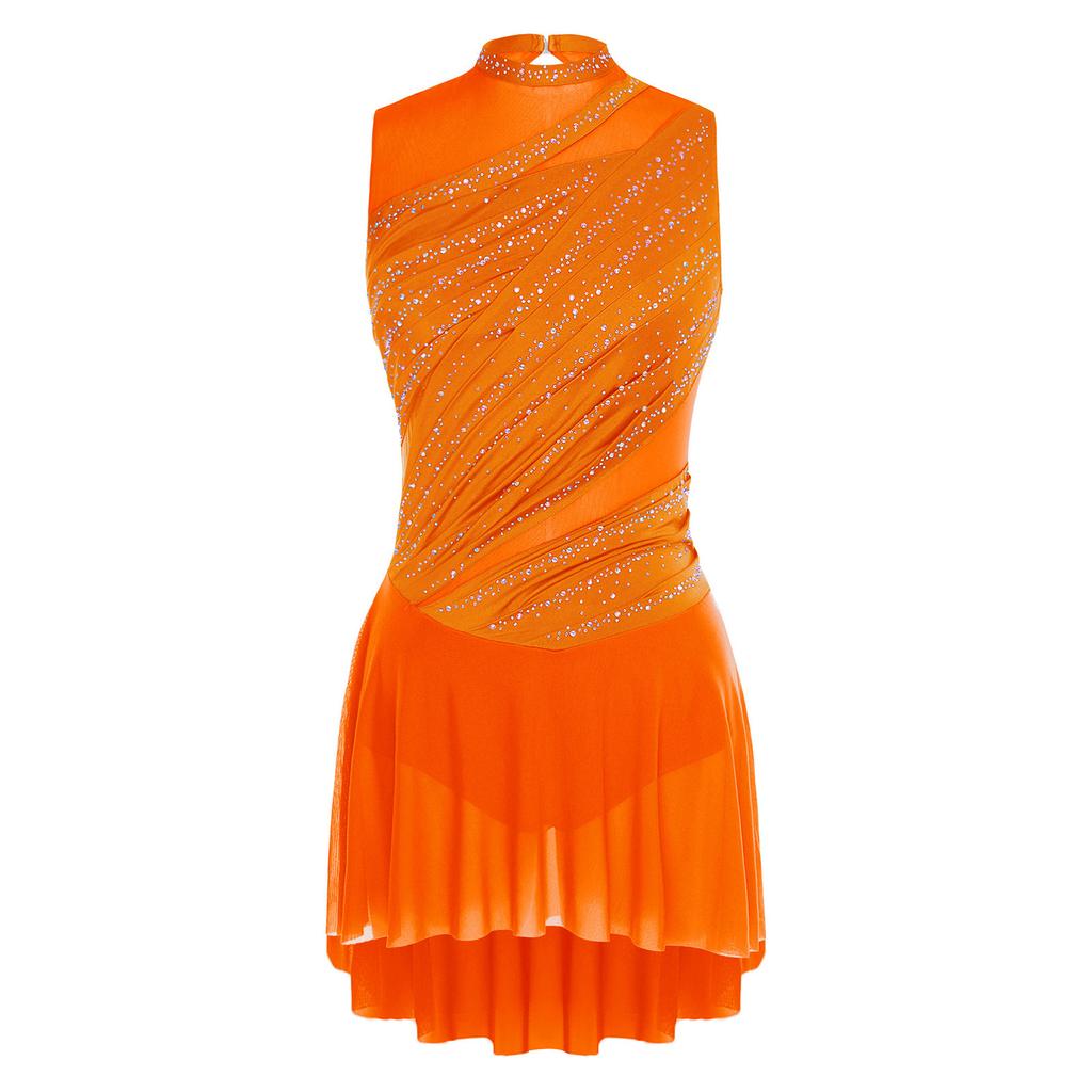 Women Ruched Dance Dress Shiny Rhinestone Sleeveless Lyrical Dancing Outfit