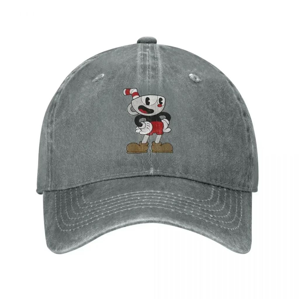 Cuphead Pose Cuphead Baseballkappe Mode Used-Denim Gewaschene Kopfbedeckung für Männer Frauen Outdoor-Aktivitäten Kappen Hut