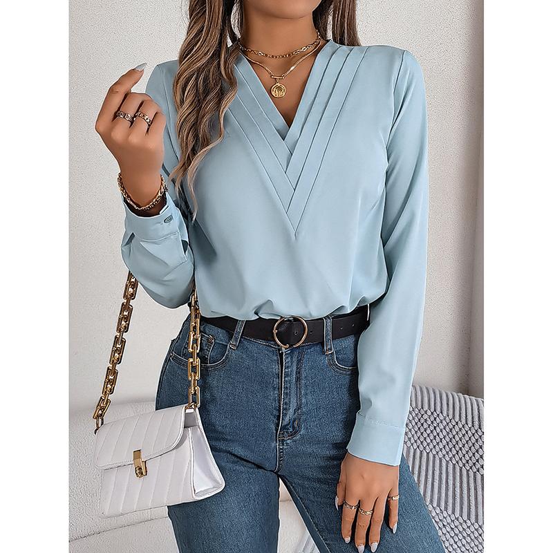 Women's Blouses Solid Color Long Sleeve Sleeved Tops Female Sexy V Neck Casual Loose Pullover Lady Elegant Autumn Shirts