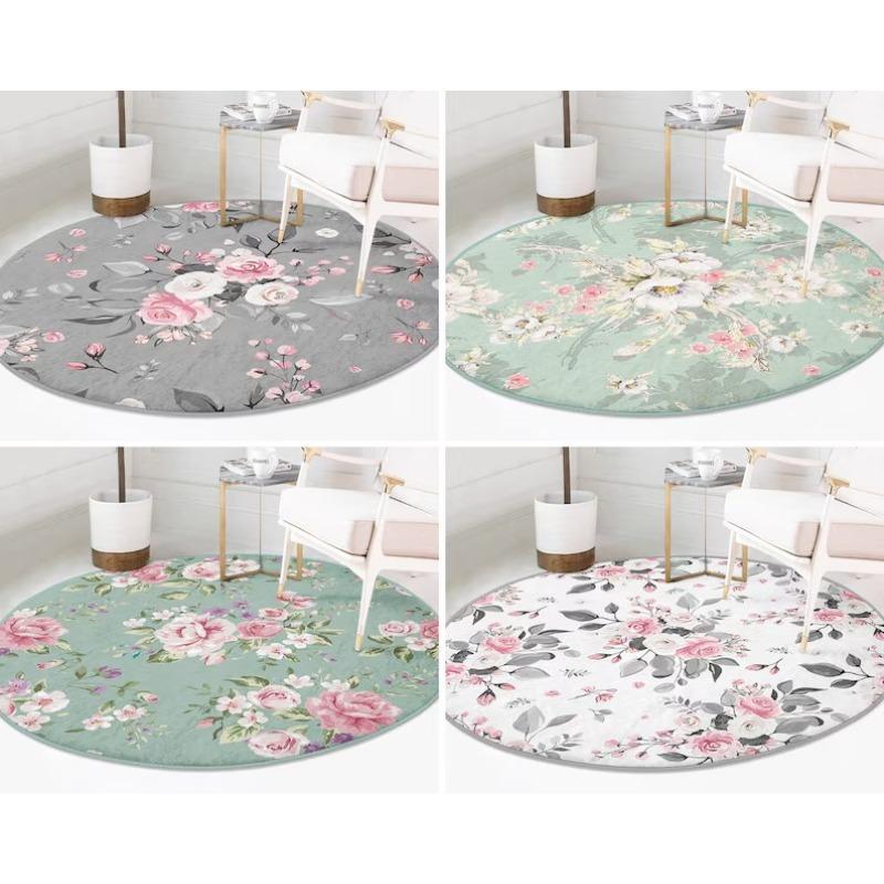 Rose Round Rug Floral Floor Carpet Flower Non Slip Circle Rugs Plant Anti Slip Mat Bloom Area Rugs Green Rug for Living Room