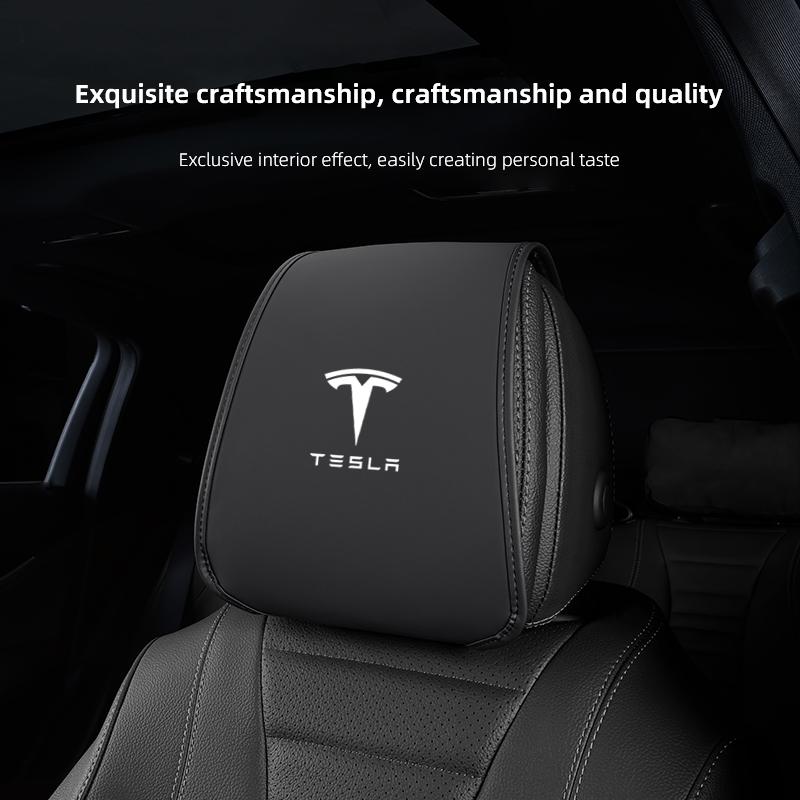 AAAIT1 2Pcs Quality Leather Car Seat Headrest Covering Accessories For Tesla Model 3 Model S Model X Model Y Cybertruck Roadster SpaceX