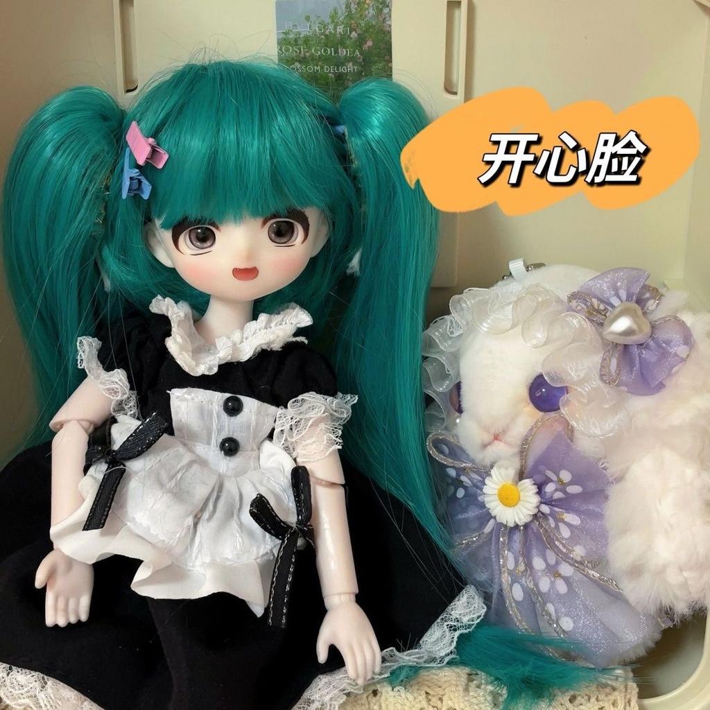 Green Twin Tail BJD Doll 3 Face Plates Maid Outfit Movable Joint Collectible Anime Girl Figure Dress Up Toy Gift For Doll Lovers