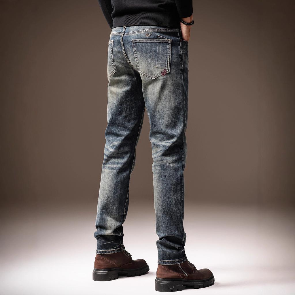 High-end European and American trendy brand men's jeans fashion slim-fitting straight autumn new elastic small feet casual pants