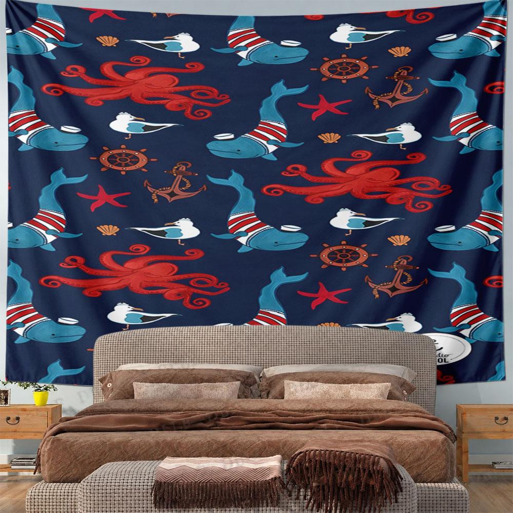Nautical Pattern with Whales and Octopus Pattern Wall Hanging Tapestry Decorative Tapestry Home Decor for Bedroom and Living Room