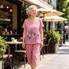 Women's Pajamas Set Crew Neck Short Sleeve Top And Cropped Pants Lounge Sets Summer Floral Sleepwear Matching Set