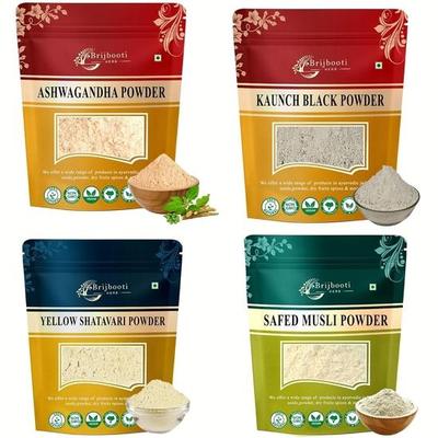 Birju Mahavir Combo Pack of Safed Musli - Ashwagandha - Kaunch - Shatavari Powder 200 Gram Each, Multi-colored, Powder 800 Gram