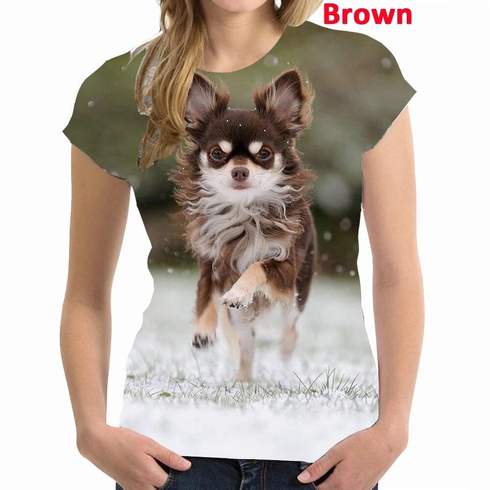Nejnovější letní dámská móda Roztomilý zvířecí pes Tričko s 3D potiskem Pro volný čas Čivava Tričko s kulatým výstřihem a krátkým rukávem