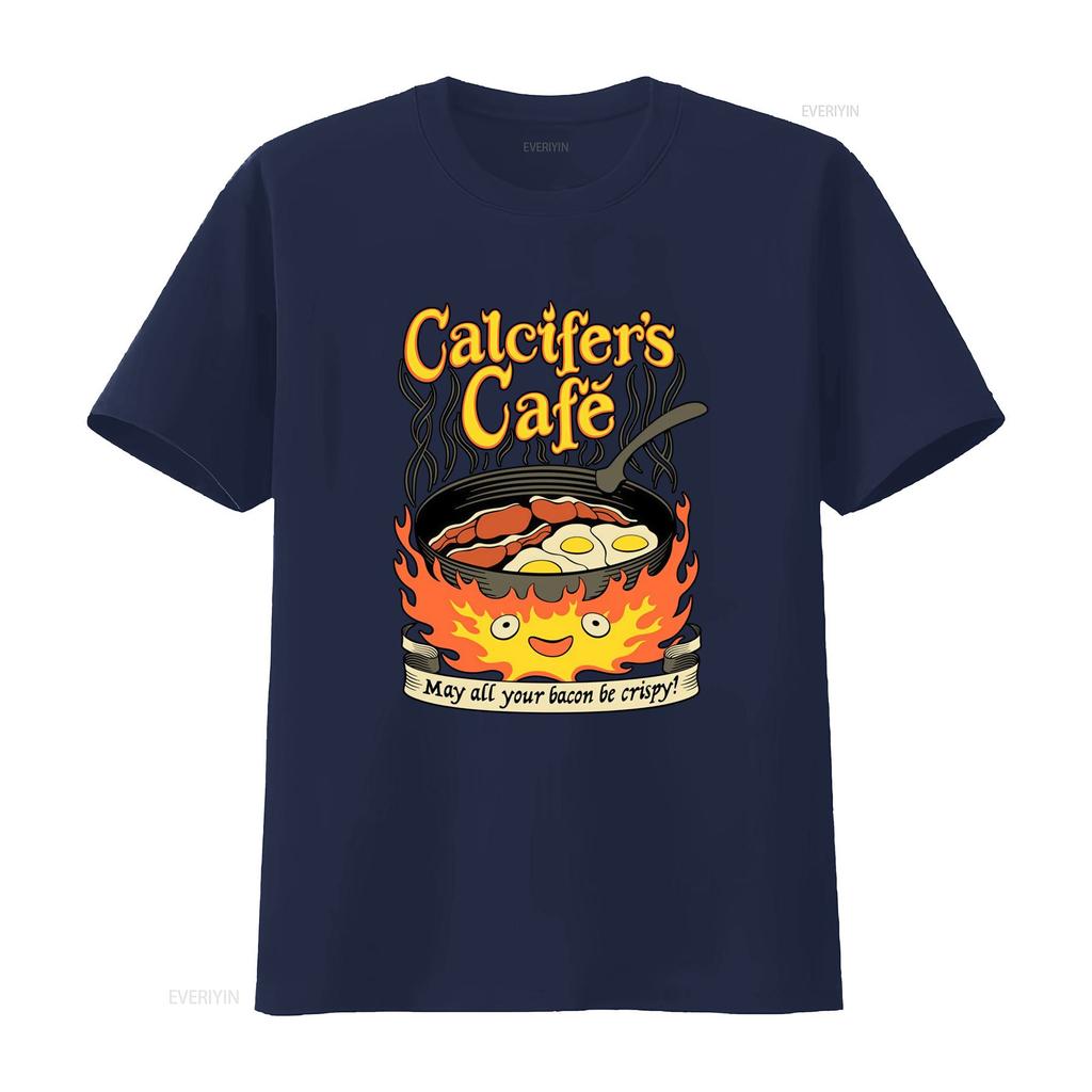 Calcifers Cafe T Shirt May All Your Bacon Eggs Be Crispy Fun Cooking Design Vintage Washed Casual Breathable Graphic