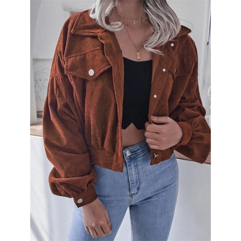 Women Loose Lantern Long Sleeve Corduroy Casual Short Jacket Outerwear