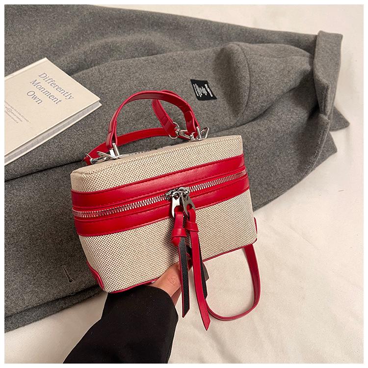 New Color Blocking Box Bag for Women PU Splicing Zipper Handbag Korean Casual Fashion Canvas Shoulder Bag Female CrossBody Bags