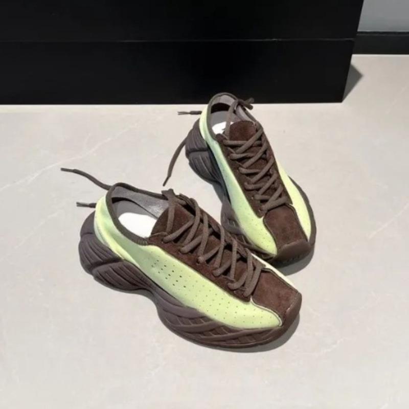 Fashion Sneakers Autumn New Round Toe Deep Mouth Colorblock Breathable Hole Front Lace-up Platform Non-Slip Low-Top Single