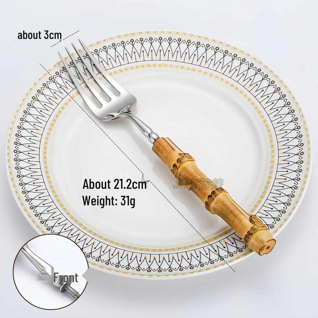 304 Stainless Steel Bamboo-Handled Knife Fork Spoon Set for Hotel Tableware and Western Food, Thickened Dessert Spoon and Steak Knife Fork.