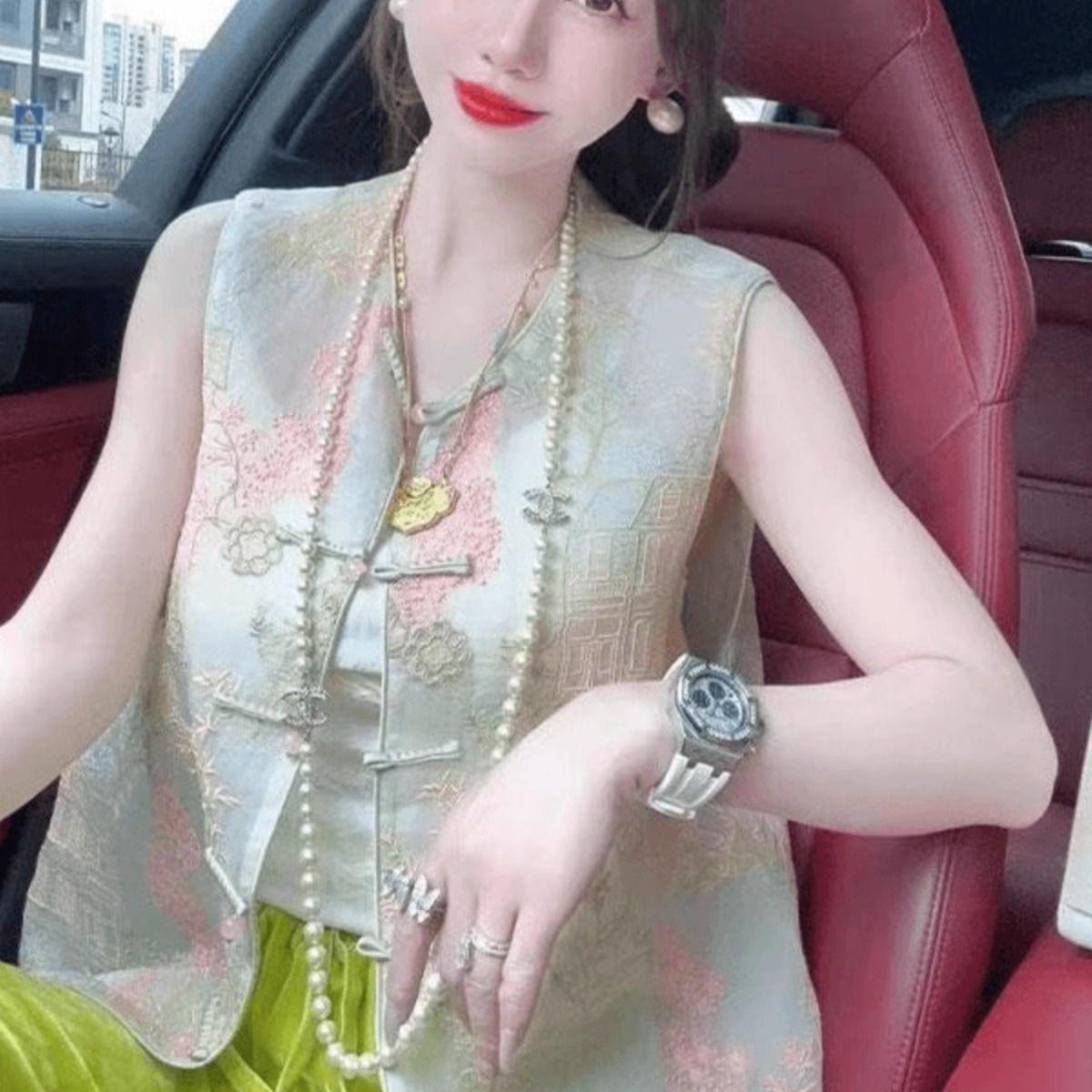 

New sleeveless top embroidered disc buckle vest vest vest thin 3XL (138-75kg recommended)