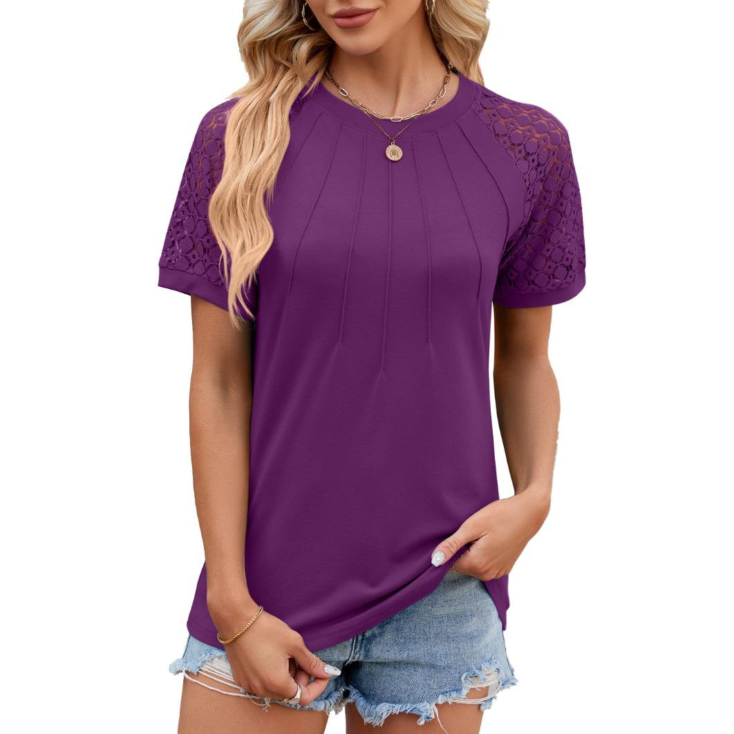 

IHUASU весенне-летняя однотонная женская футболка с круглым вырезом и короткими рукавами, кружевная строчка XXL фиолетовый