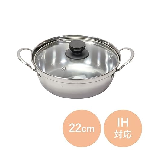 PEARL METAL Warakuan HC-43, 22cm Tabletop Pot with Glass Lid, Stainless Steel, Induction Compatible, Suitable for Yosenabe and Kimchi Pots