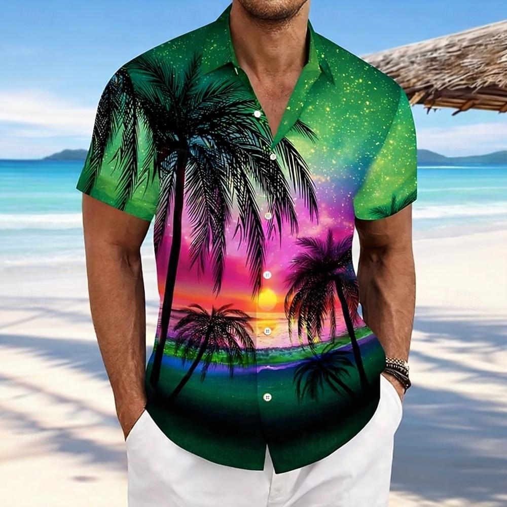 Men's Coconut Tree Starry Sky Summer Hawaiian Shirt Button Up Shirt Aloha Shirt Short Sleeve
