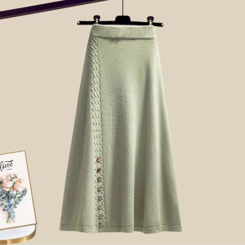 Zweiteiliges Set im koreanischen Stil für Frauen, grüne Pulloverjacke und Rock, Winteroutfit