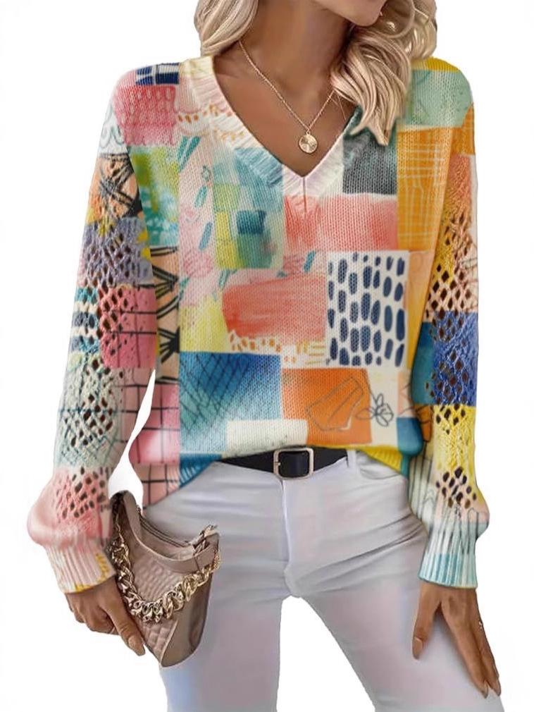 V-Neck Eyelet Print Sweater - Style HS-LY52