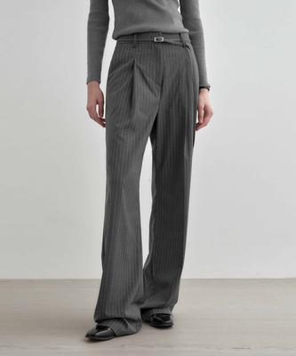 MONGDOL [Belt Set] Striped One-Pleat Wide Slacks Gray Mdpt025Stgray