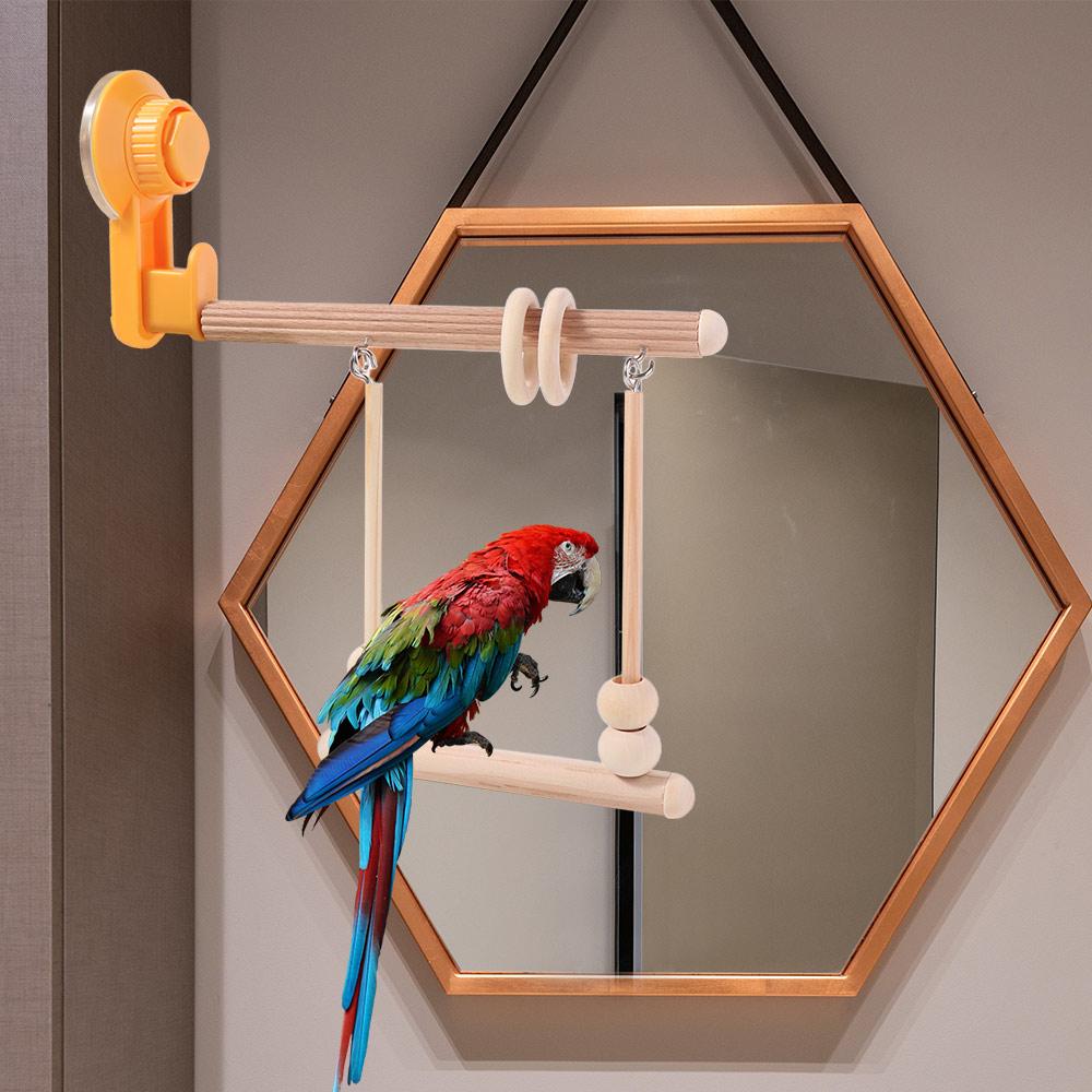 Suction Cup Parrot Stand Wooden Parrot Training Rack Grinding Perch Parakeet Swing Toy  Window