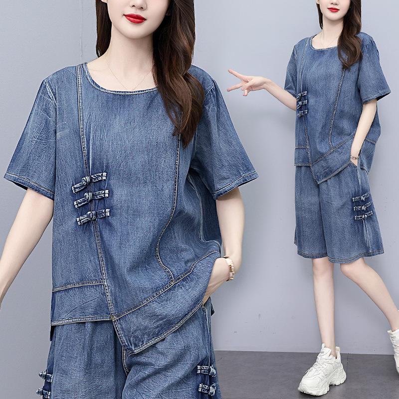 Damenmode Anzug Sommer Gewaschenes Büffel Kurzarm Fünf-Punkt Hose Zweiteiler