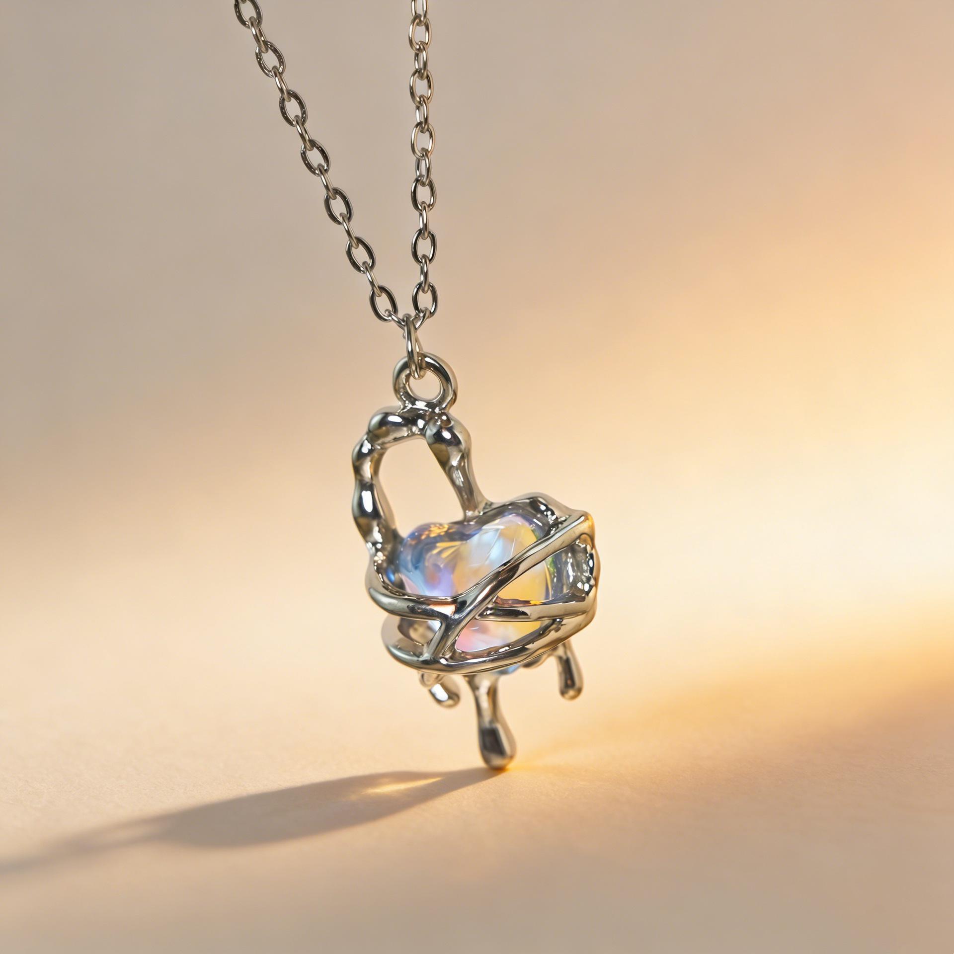 Iridescent Moonstone Heart Necklace for Women - Elegant and Versatile Clavicle Chain Electroplated
