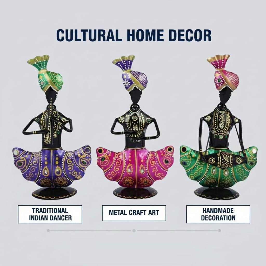 Handmade Metal Iron Sitting Musician Set of 3 Playing Musical Instrument Idol Handpainted Figurine Showpiece for Home Decor