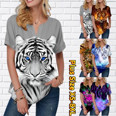 Women Summer T Shirt The Gaze of a Tiger Print Short Sleeve Tees Casual Printed Tops Small V-neck Short Sleeves