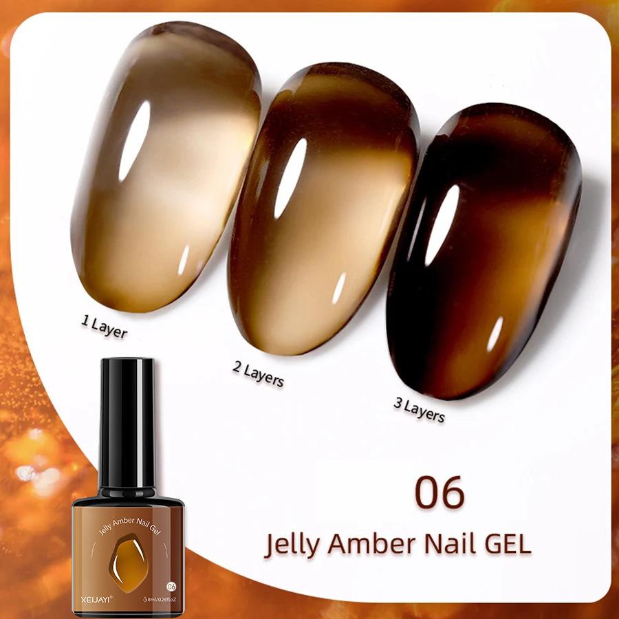6 Colors Amber Gel Nail Polish Set - Translucent Jelly Nude Brown Tones, Professional Salon & DIY Home Manicure Kit, UV/LED Curable