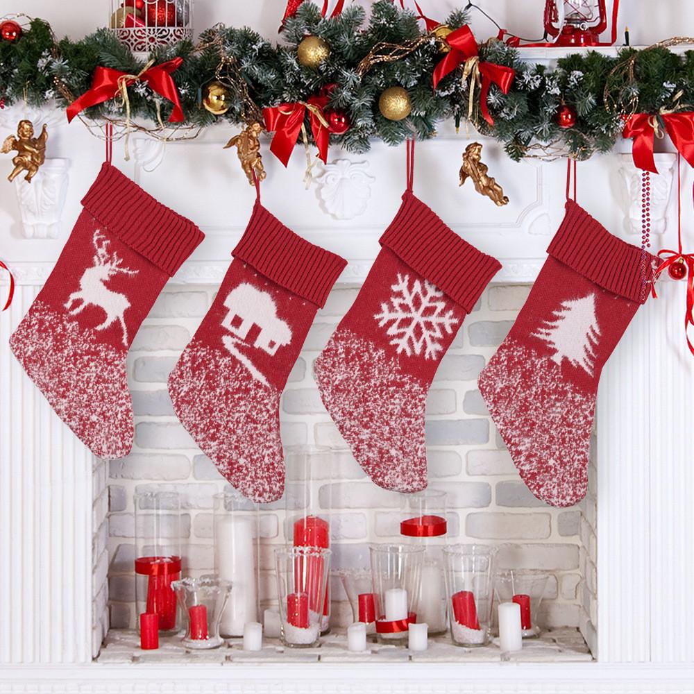 Beautiful Knitted Red Christmas Stockings With Festive Snowflakes For Gift Kids