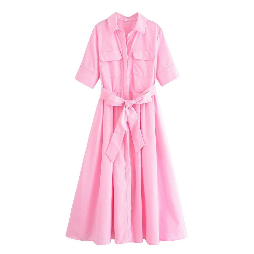 LYRIA Casual Striped Women Dress Lapel Single Breasted Short Sleeve Slim Waist Long Dresses New Lady Fashion Vacation Robe