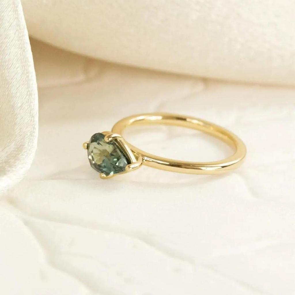 1.5ct East West Pear Teal Sapphire Engagement Ring: Dainty Yellow Gold Plated Solitaire Wedding Ring: Art Deco Bridal Jewelry Gift