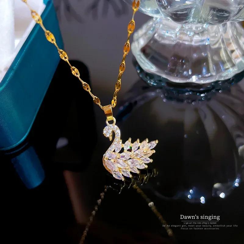 

New Exquisite Full Crystal Pink Swan Pendant Necklace for Women Luxury Gold Color Stainless Steel Collar Korea Jewelry Colorfast золотой