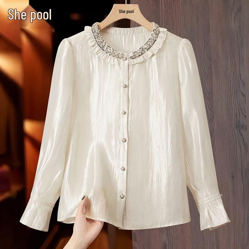 Элегантная блузка с пайетками, бусинами и рюшами, с длинным рукавом M