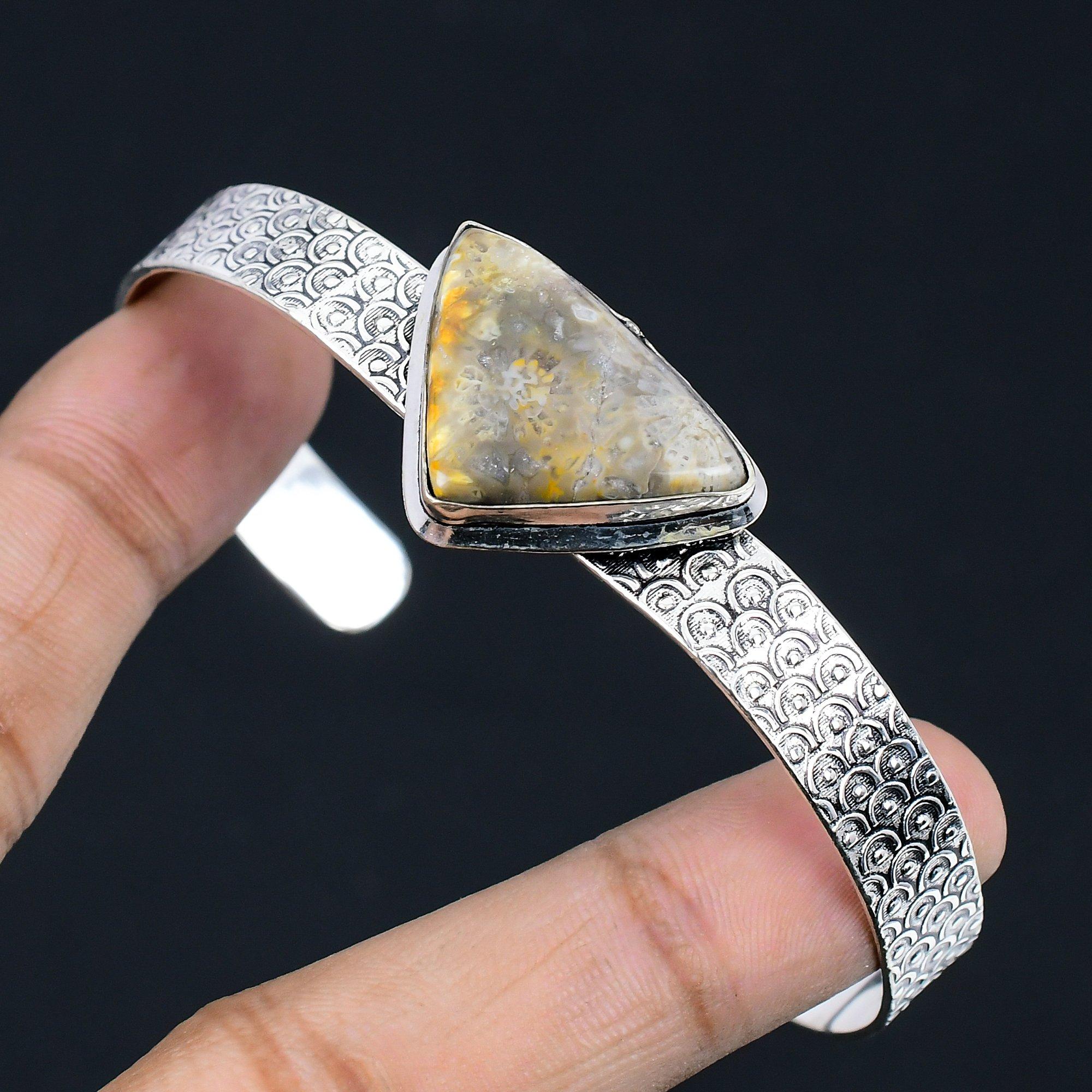 

Anniversary Gift For Her Natural Fossil Coral Bangle Adjustable 925 Silver Adjustable