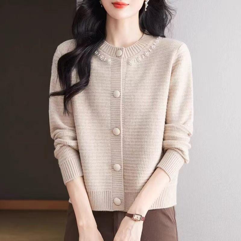 Spring and Autumn  Women's Knitted Cardigan Round Neck Short Sweater Coat Loose Knitted Shirt