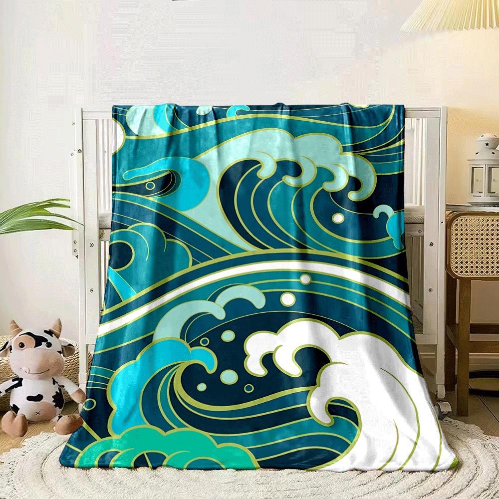 Stylized ocean waves in turquoise, white, and blue with gold outlines. for all seasons blanket lunch break throw gift 80cm x 120cm